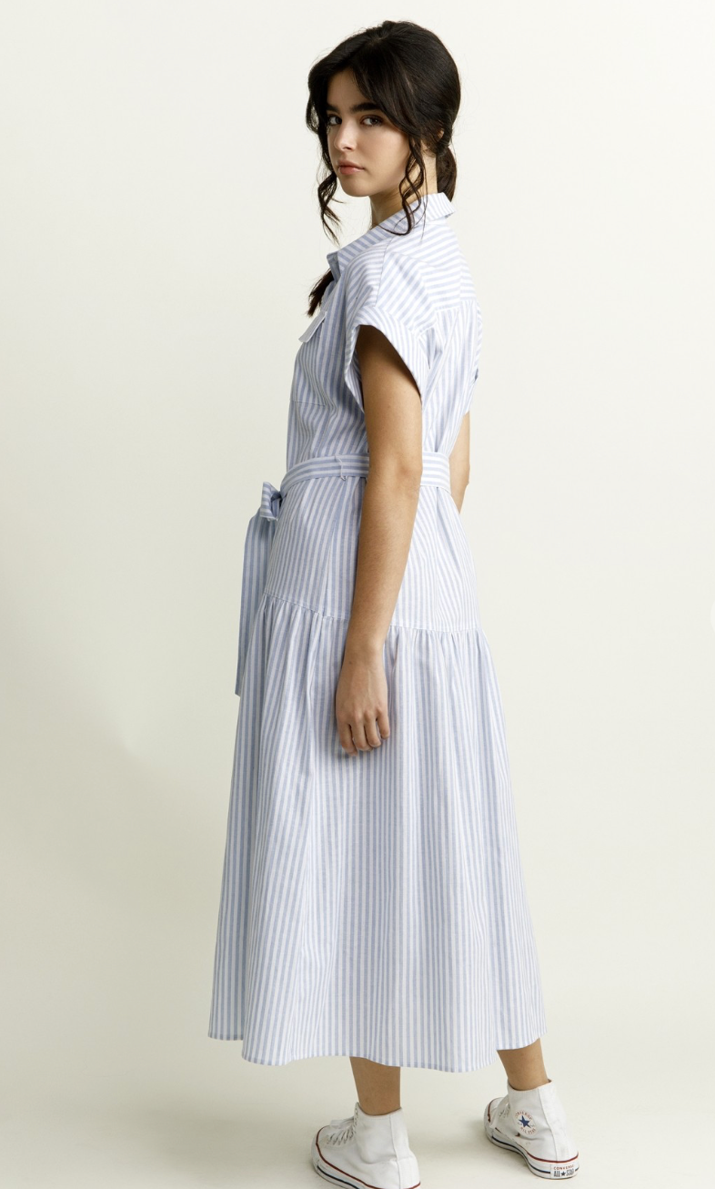 Blue Stripe Belted Midi Dress