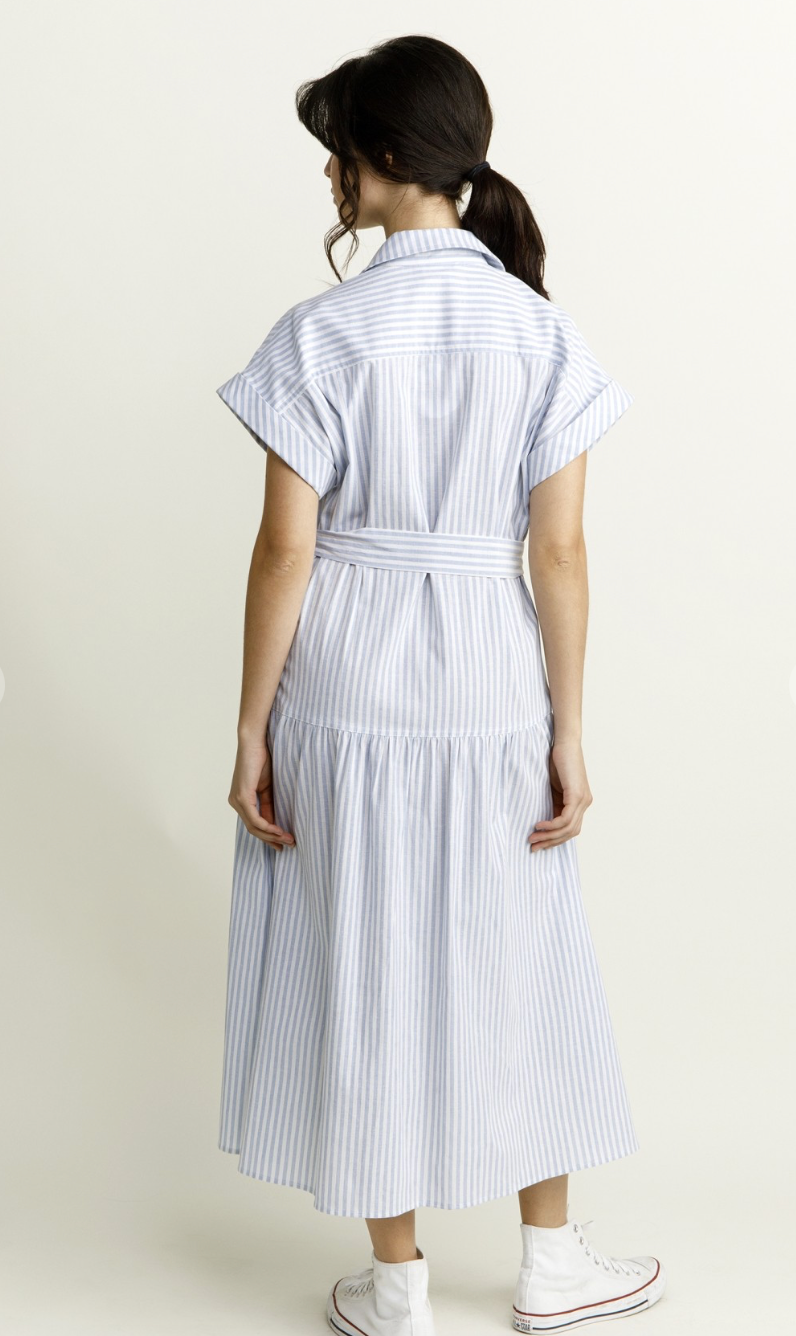 Blue Stripe Belted Midi Dress
