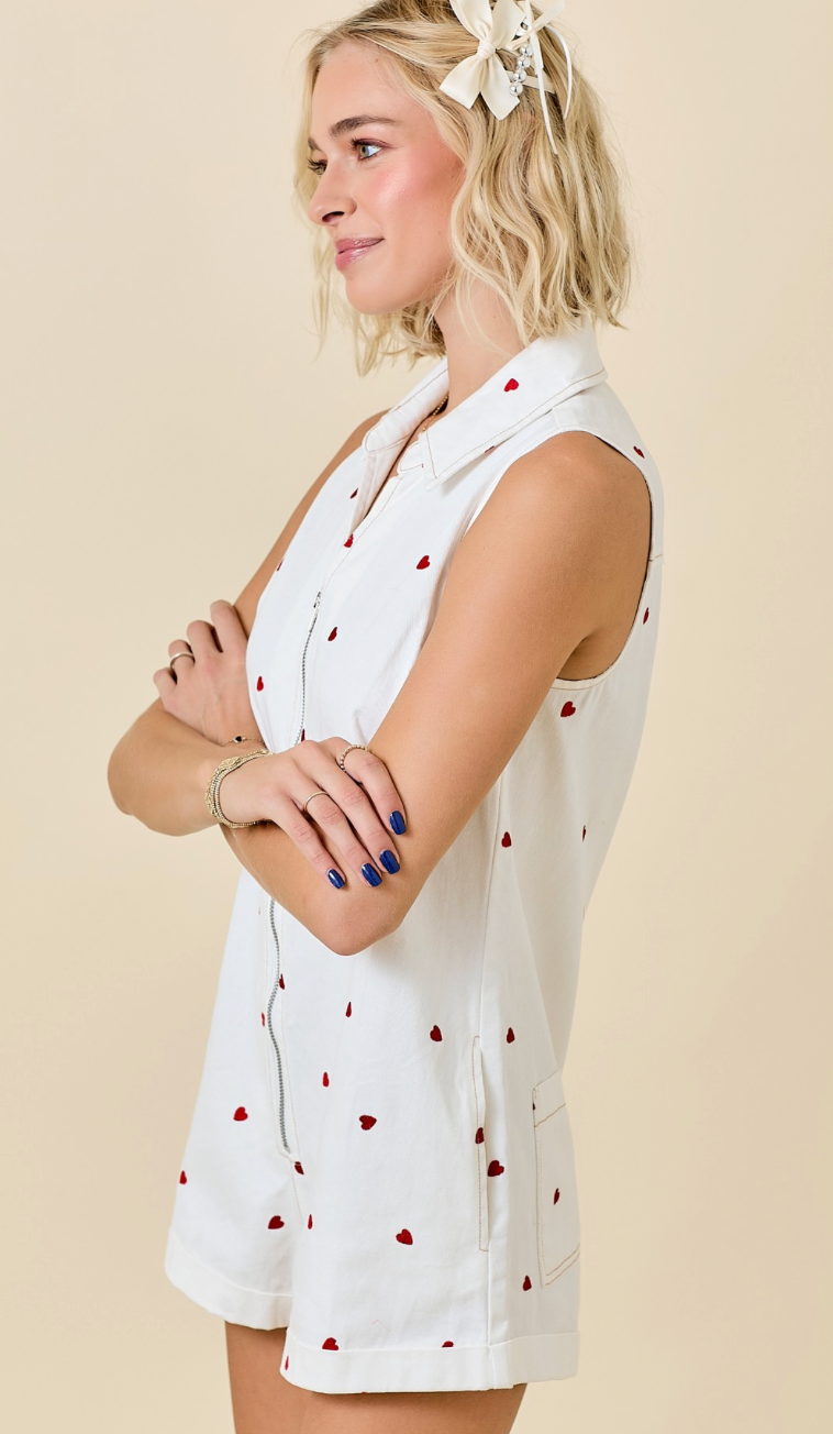White Heart Embroidered Romper