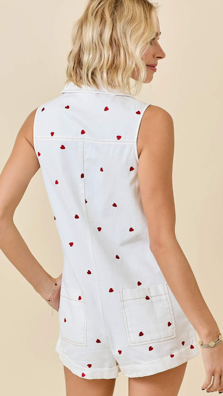 White Heart Embroidered Romper