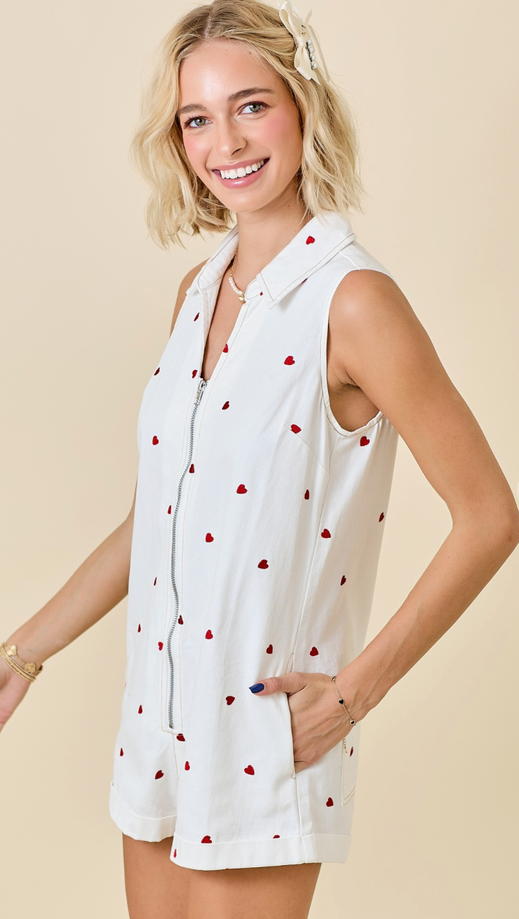 White Heart Embroidered Romper