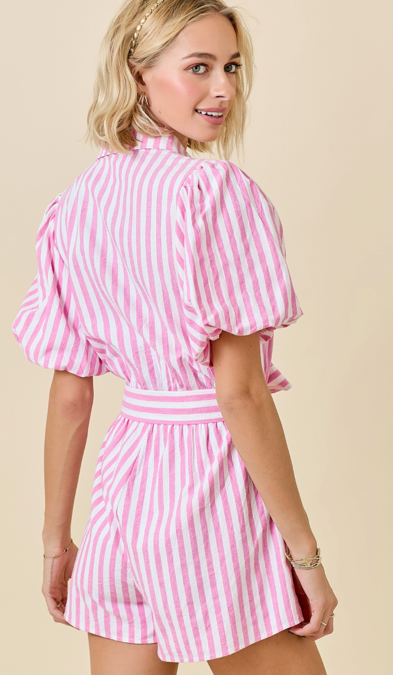 Striped Romper w/ Bubble Sleeves