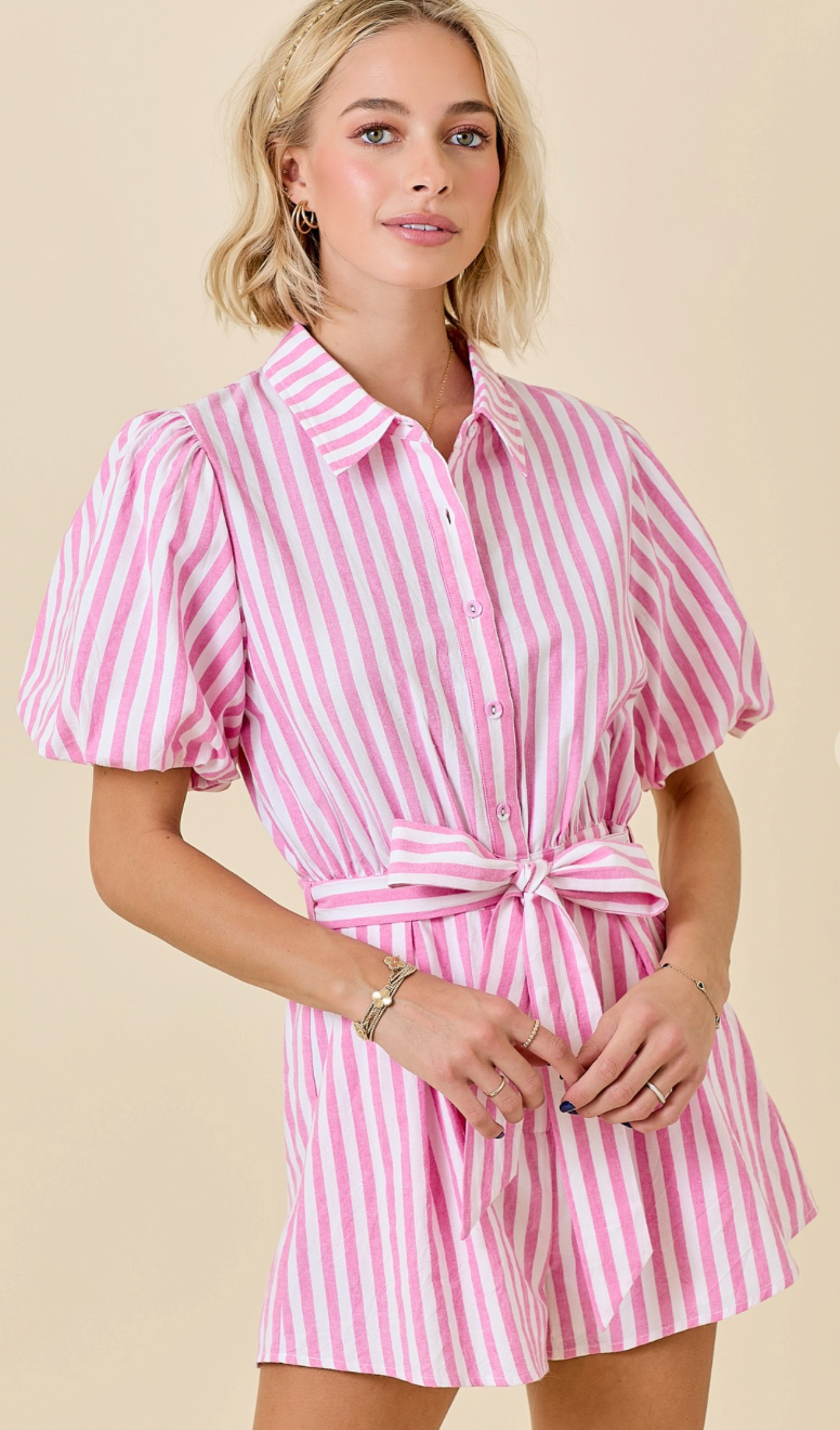 Striped Romper w/ Bubble Sleeves