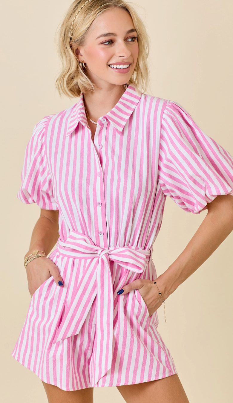 Striped Romper w/ Bubble Sleeves