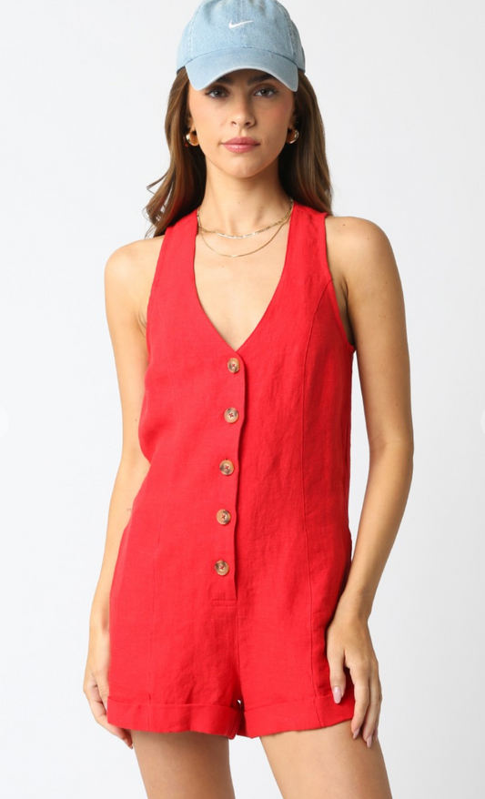 Jen Button Down Romper Red