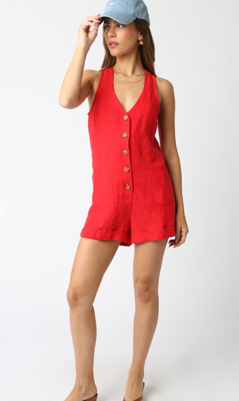 Jen Button Down Romper Red