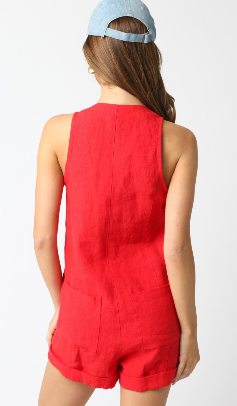 Jen Button Down Romper Red
