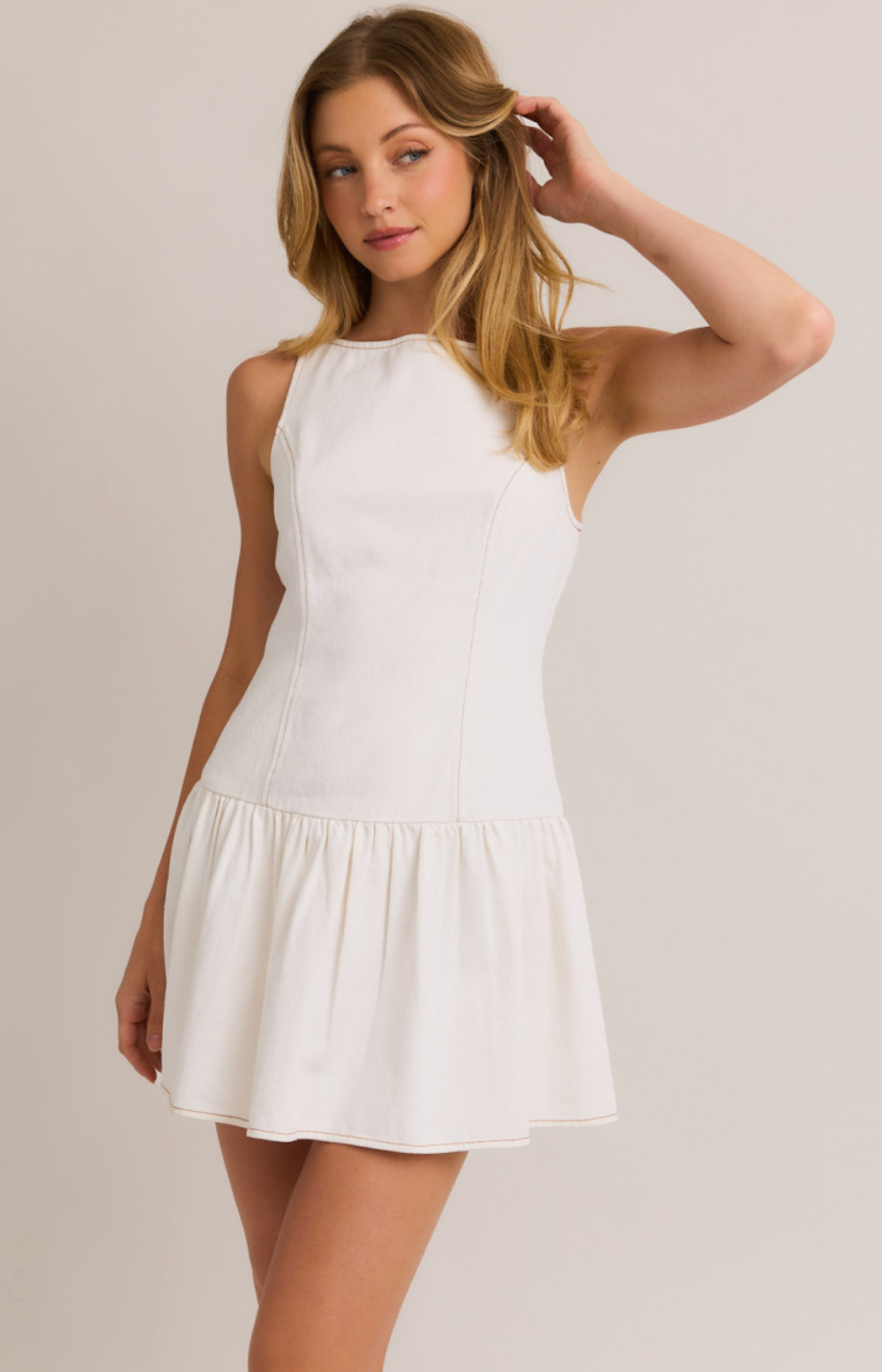 White Denim Flare Waist Dress