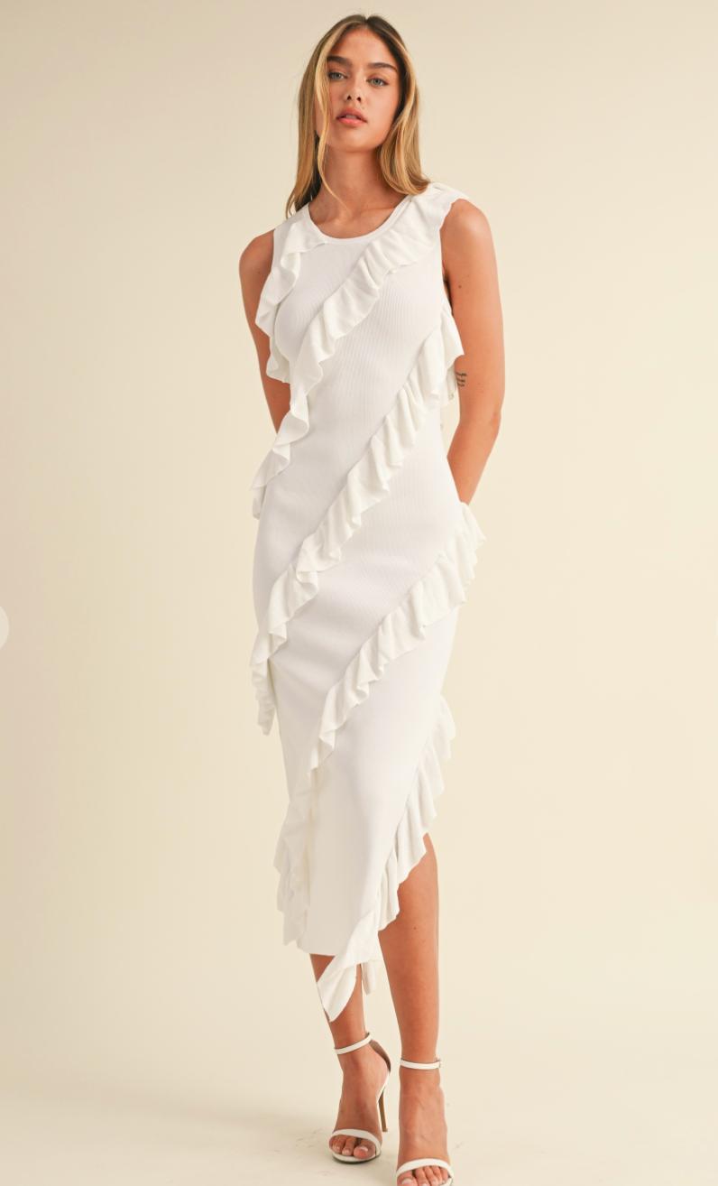 Asymmetrical Ruffle Midi Dress White Asymmetrical Ruffle Midi Dress White