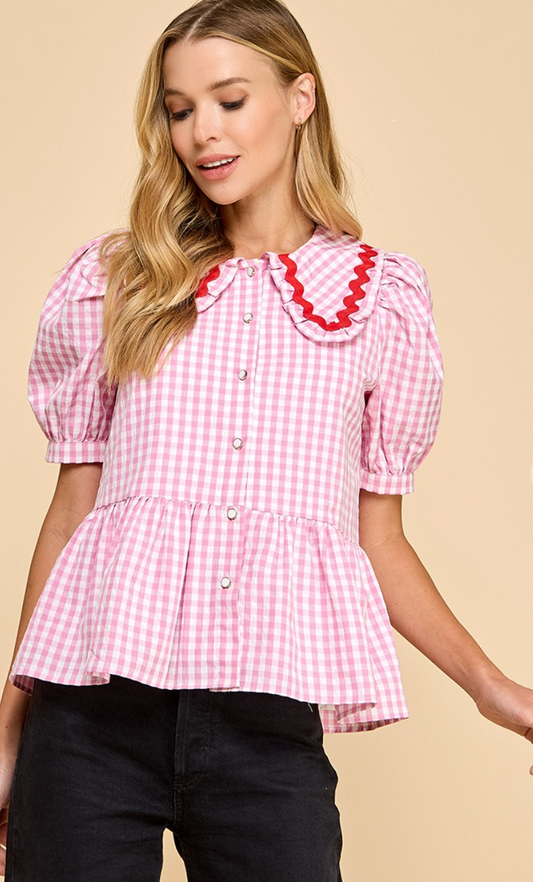 Pink Checkered Collar Blouse