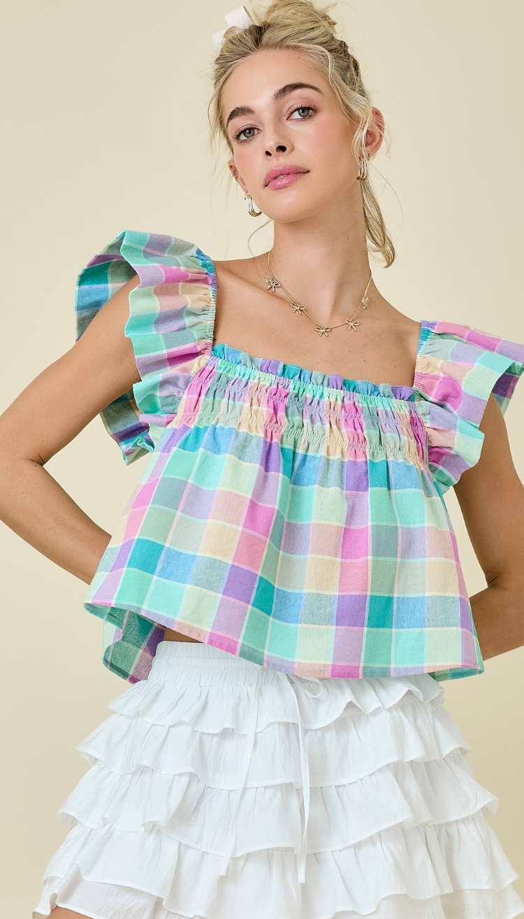 Pink & Green Gingham Top
