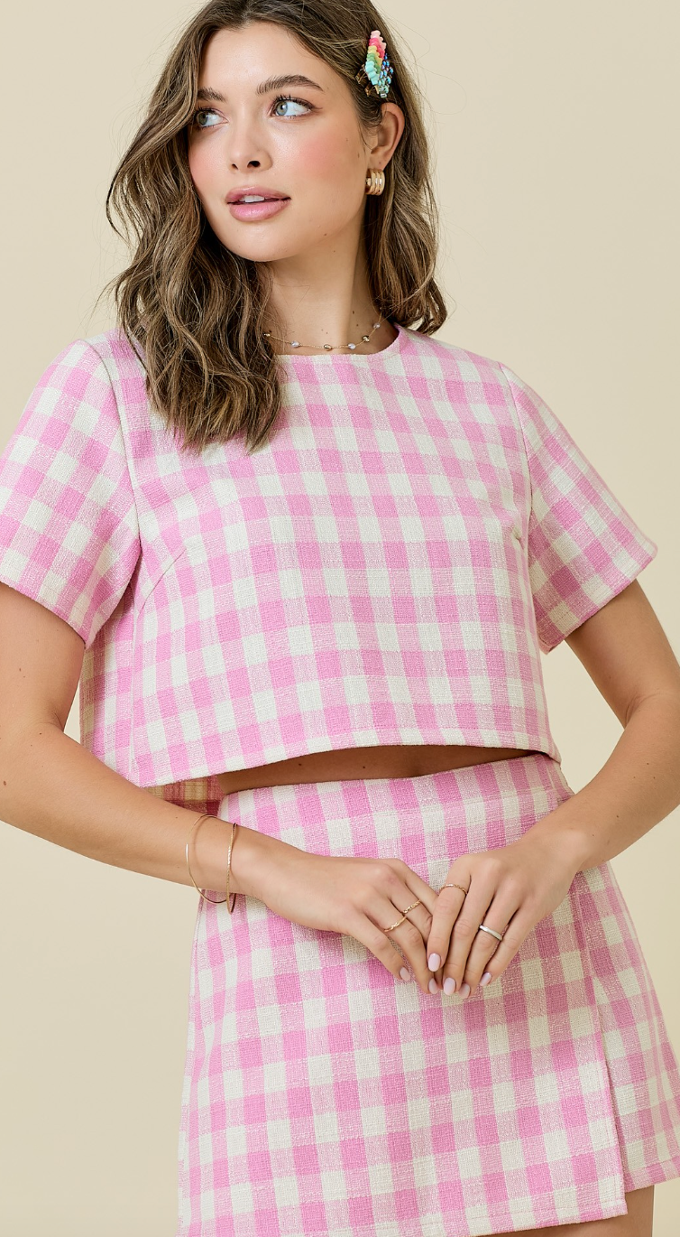 Light Pink Gingham Skirt & Top Set of 2