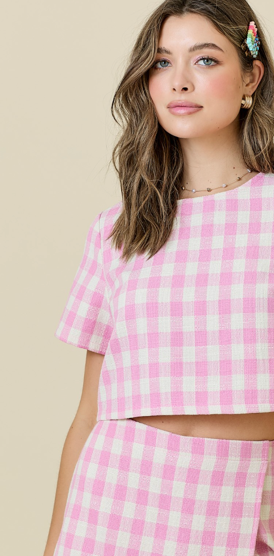 Light Pink Gingham Skirt & Top Set of 2