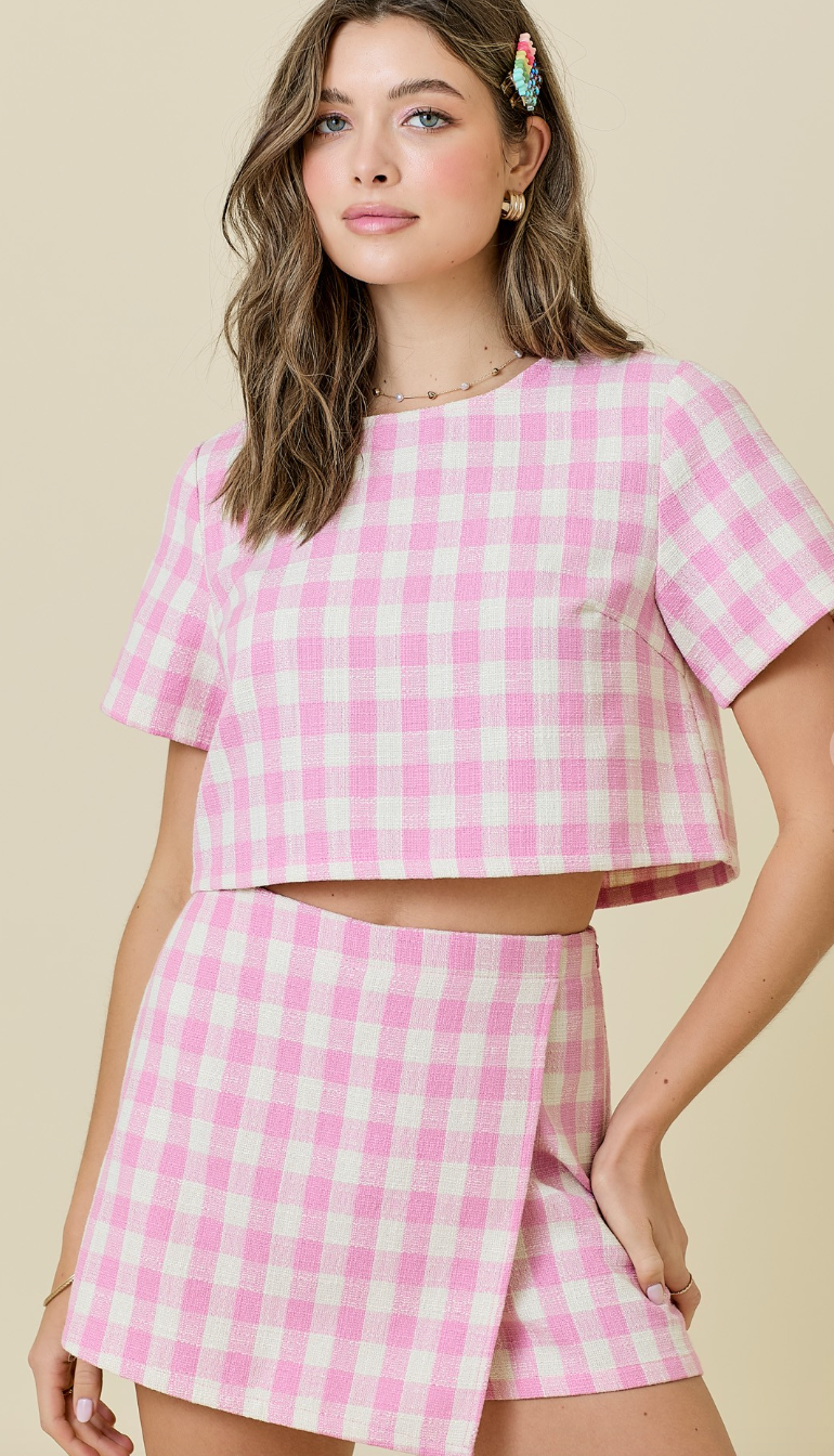 Light Pink Gingham Skirt & Top Set of 2