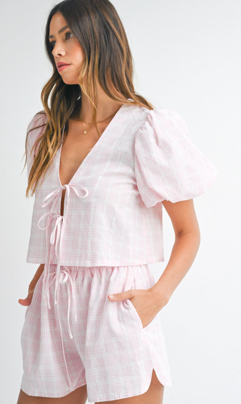 Pink Plaid Blouse & Shorts Set of 2