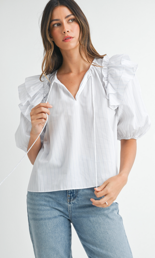 Ruffle Shoulder Pinstripe Blouse