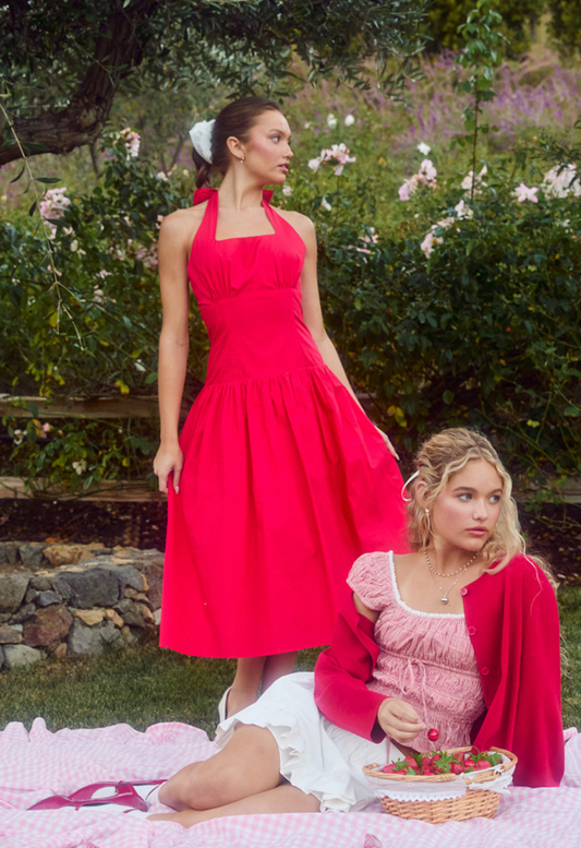 Red Halter Midi Dress