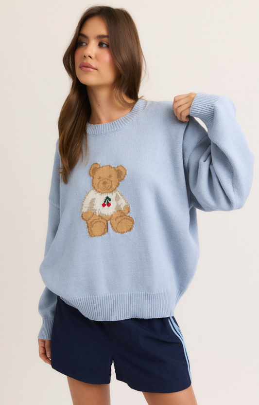 Cherry Teddy Bear Sweater Blue