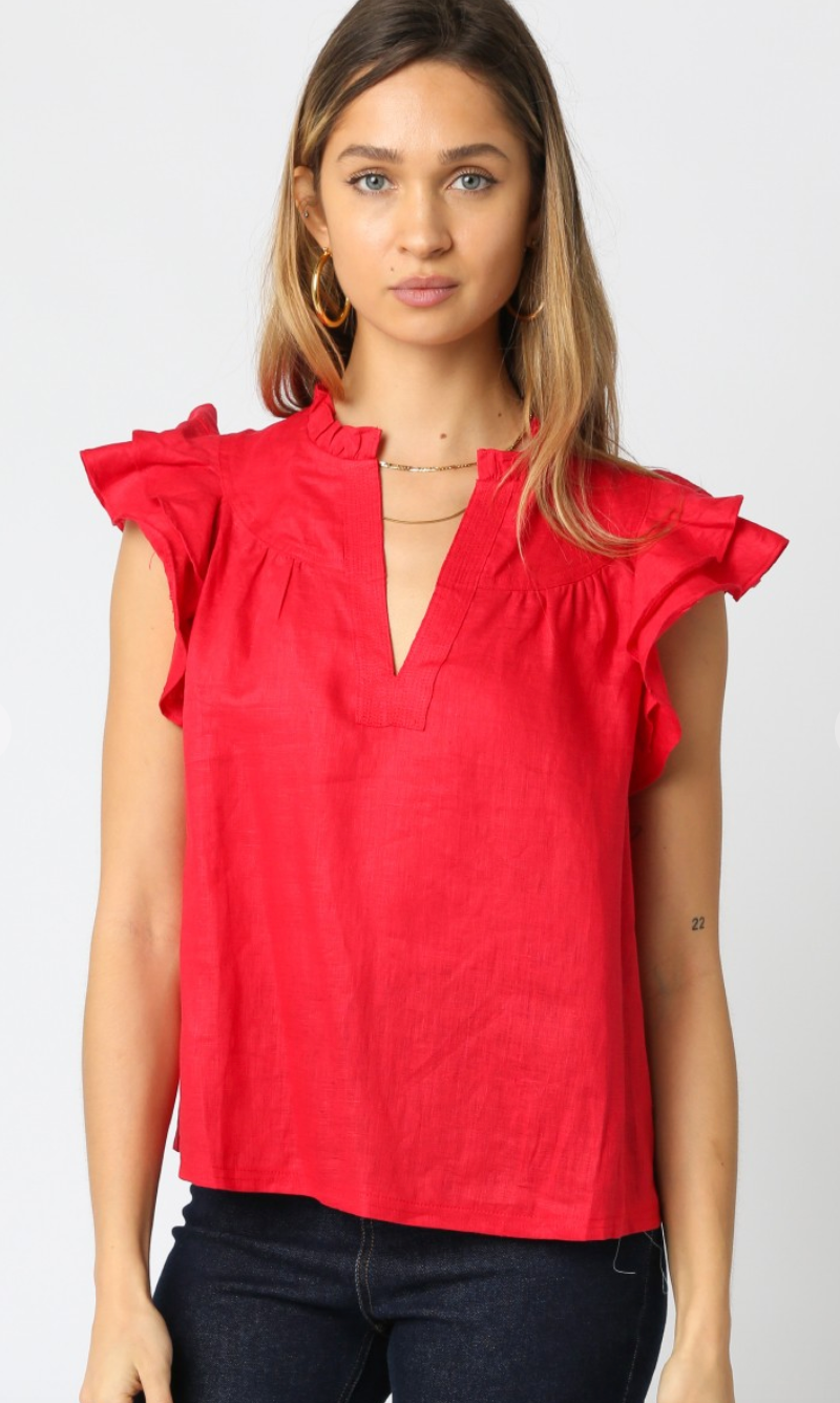 Red Flutter Sleeve Blouse