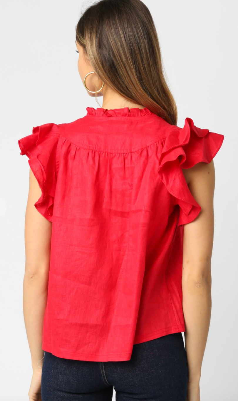 Red Flutter Sleeve Blouse
