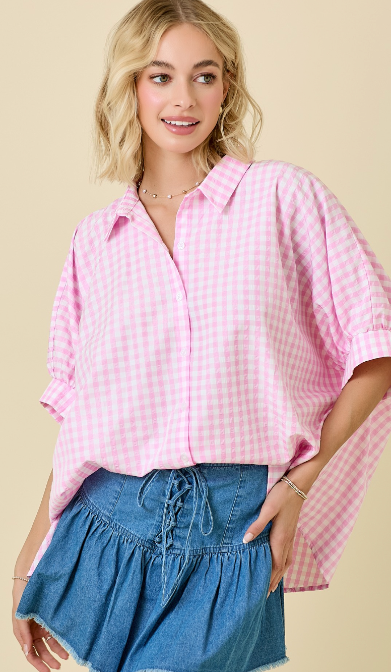 Pink Gingham Dolman Shirt