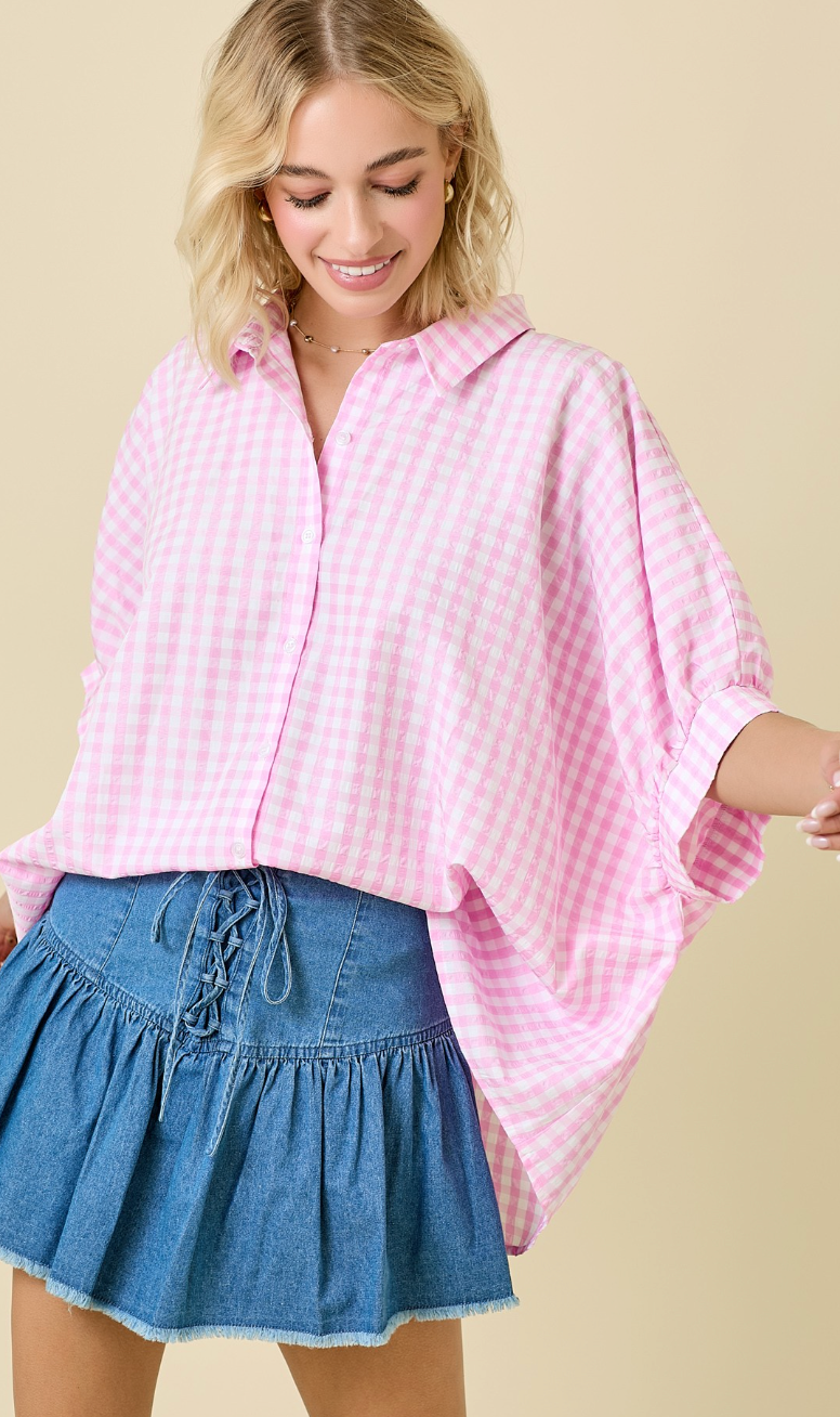 Pink Gingham Dolman Shirt