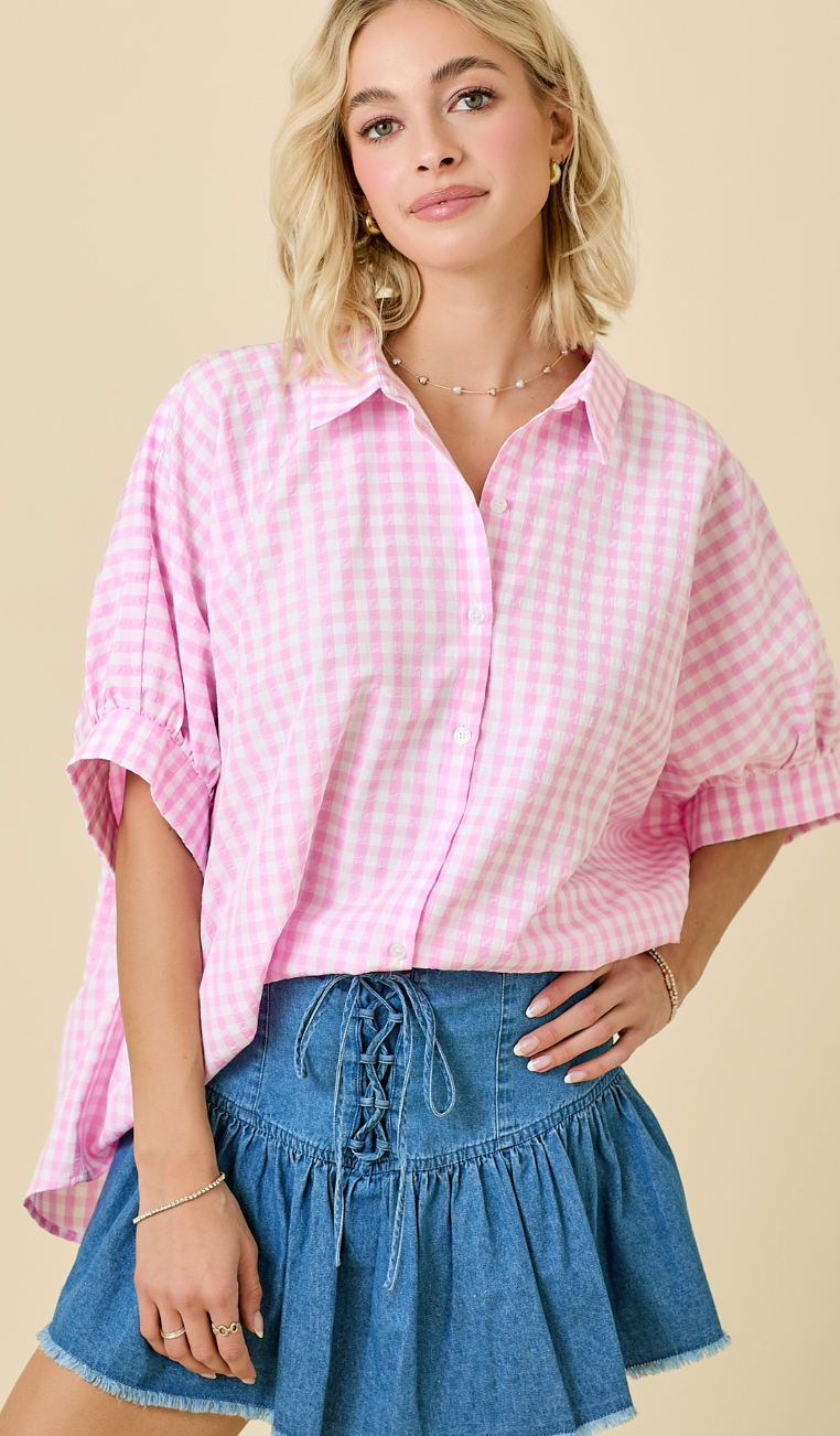 Pink Gingham Dolman Shirt