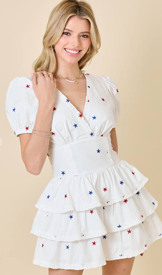 Star Embroidered Ruffle Romper Dress