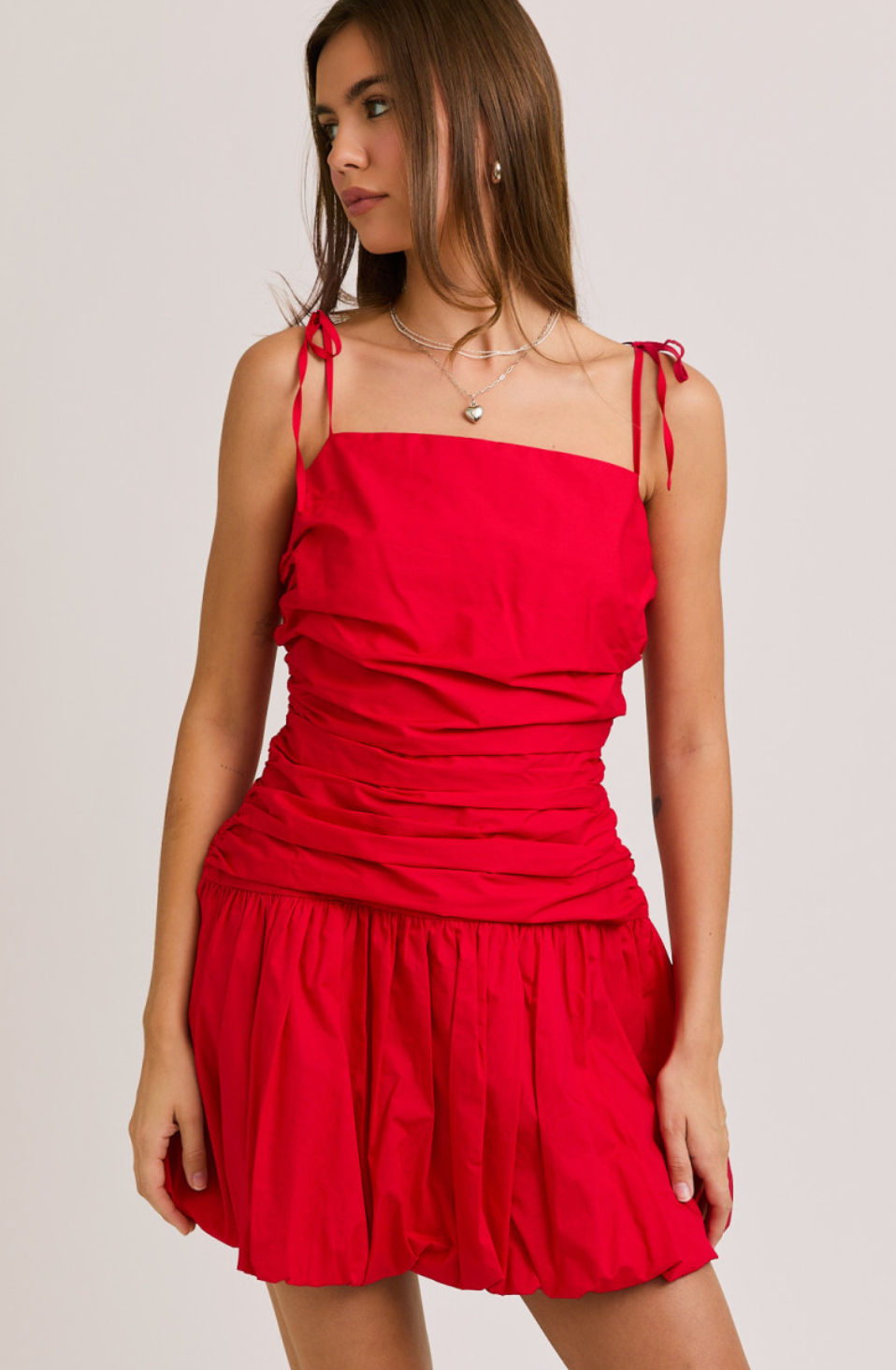 Tied Shoulder Bubble Dress Red
