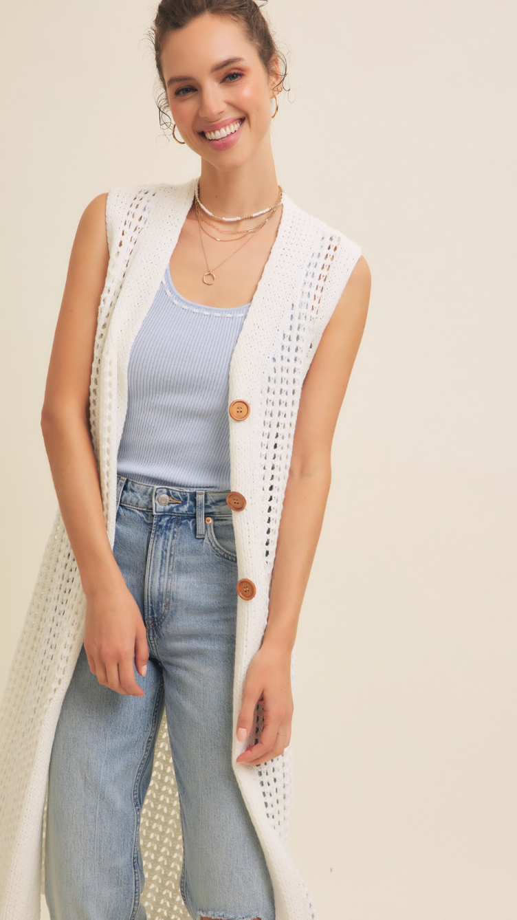 Knit Midi Vest Cardigan White