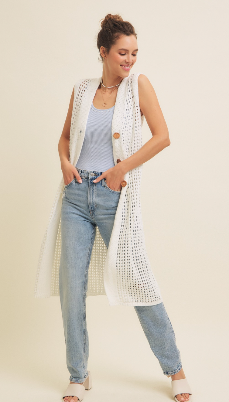 Knit Midi Vest Cardigan White
