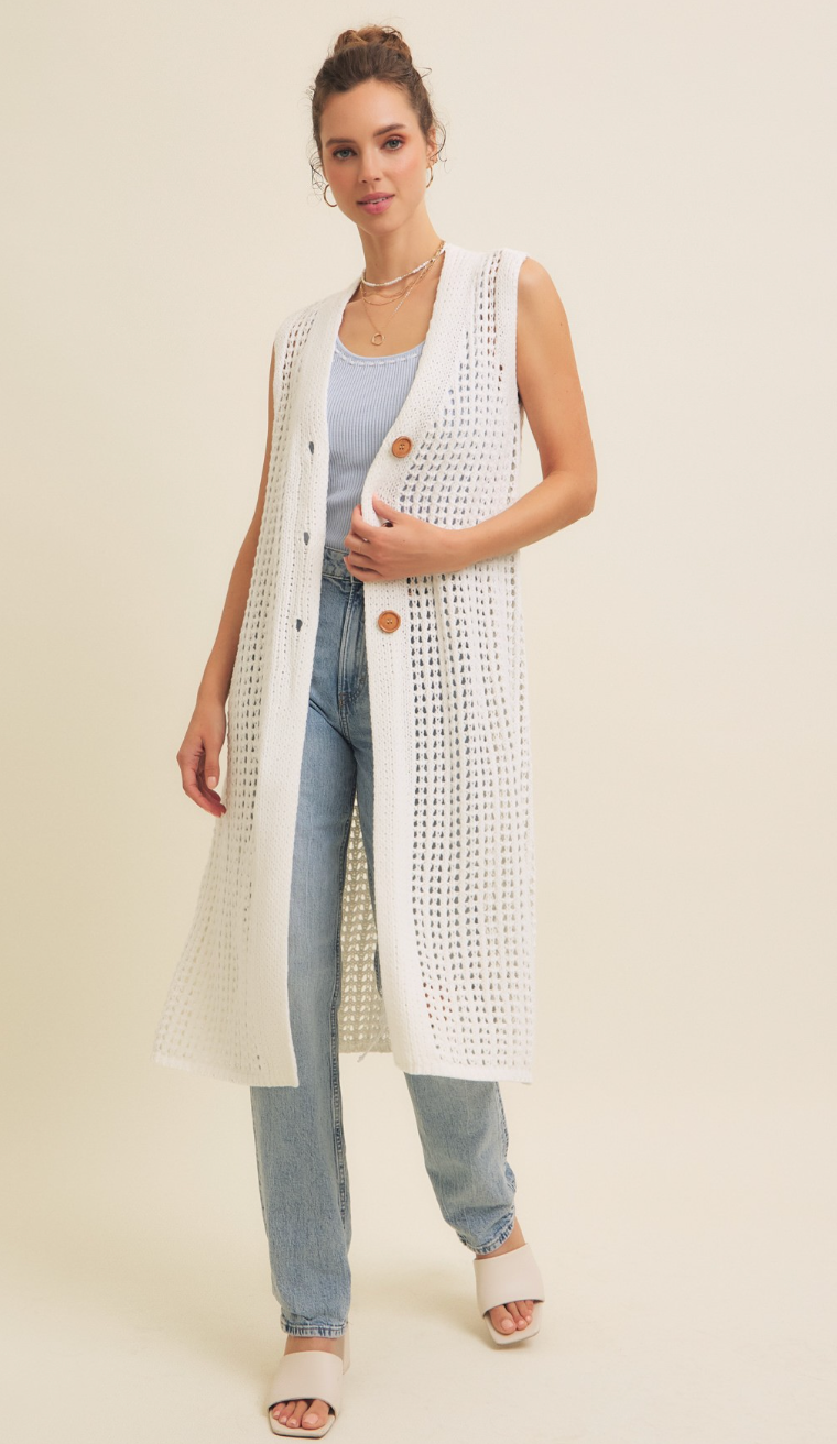 Knit Midi Vest Cardigan White