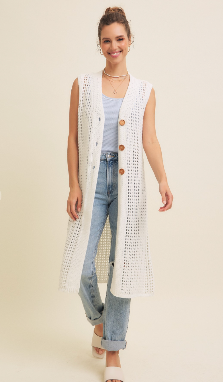 Knit Midi Vest Cardigan White
