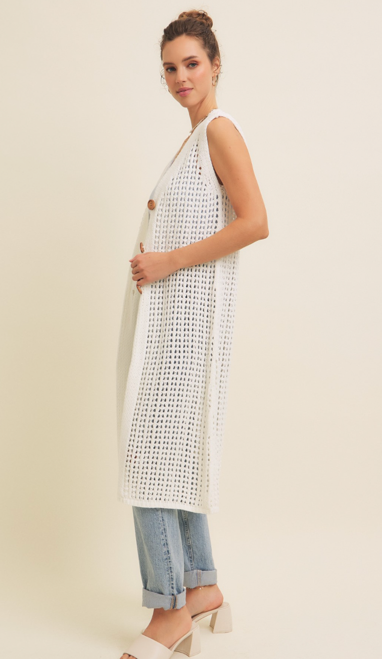 Knit Midi Vest Cardigan White