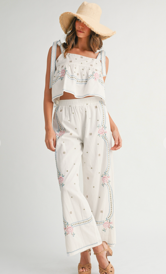 Embroidered Tie Strap Top & Pants Set of 2