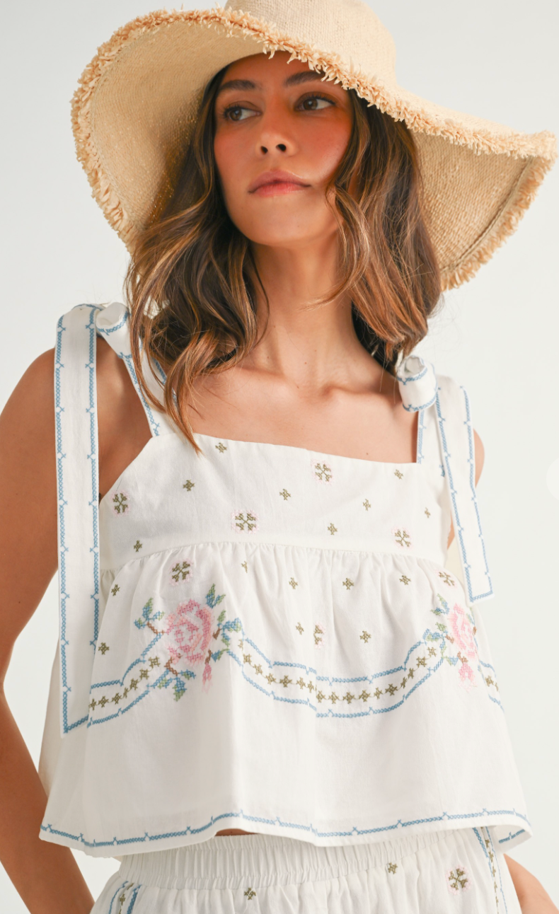 Embroidered Tie Strap Top & Pants Set of 2