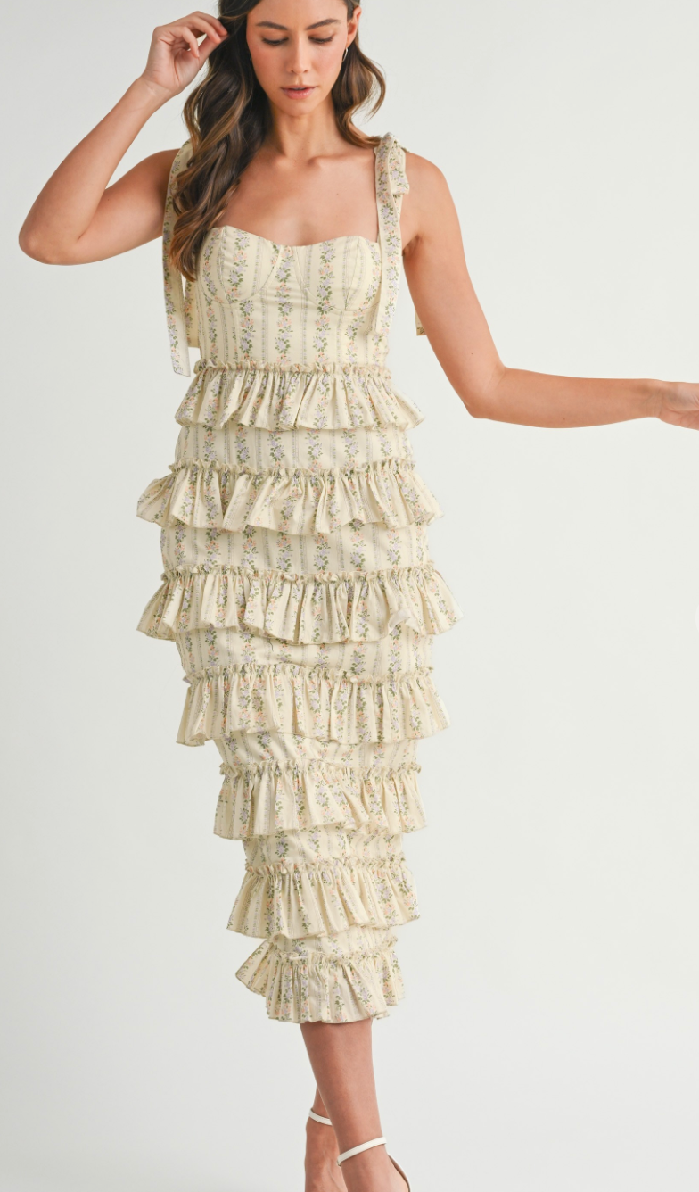Bella Floral Ruffle Midi Dress Yellow