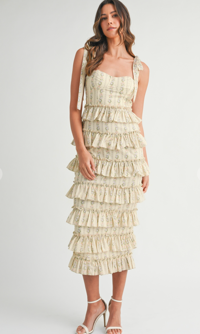 Bella Floral Ruffle Midi Dress Yellow