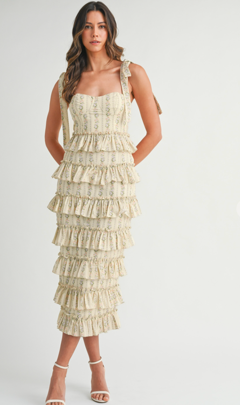 Bella Floral Ruffle Midi Dress Yellow