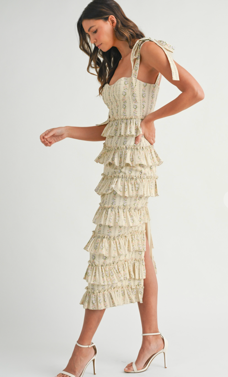 Bella Floral Ruffle Midi Dress Yellow