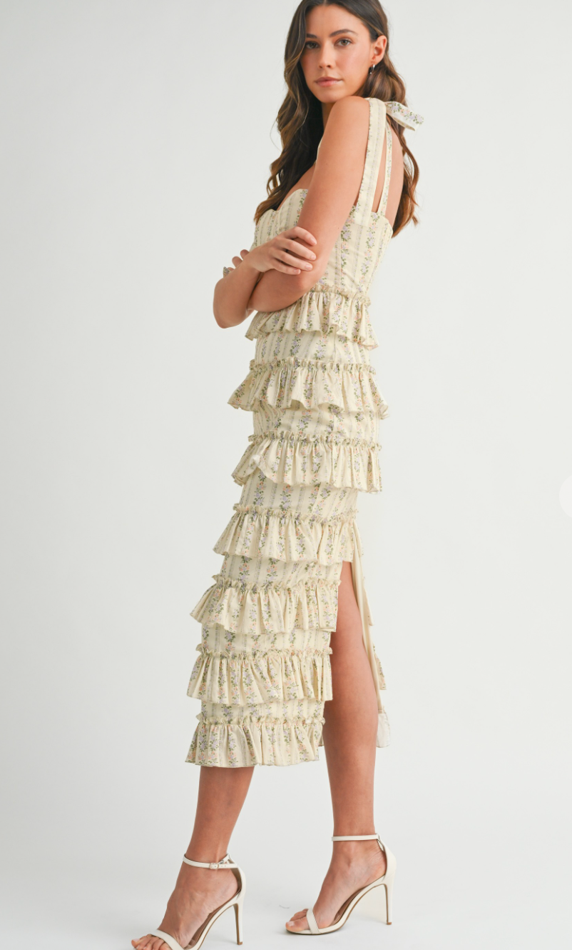 Bella Floral Ruffle Midi Dress Yellow