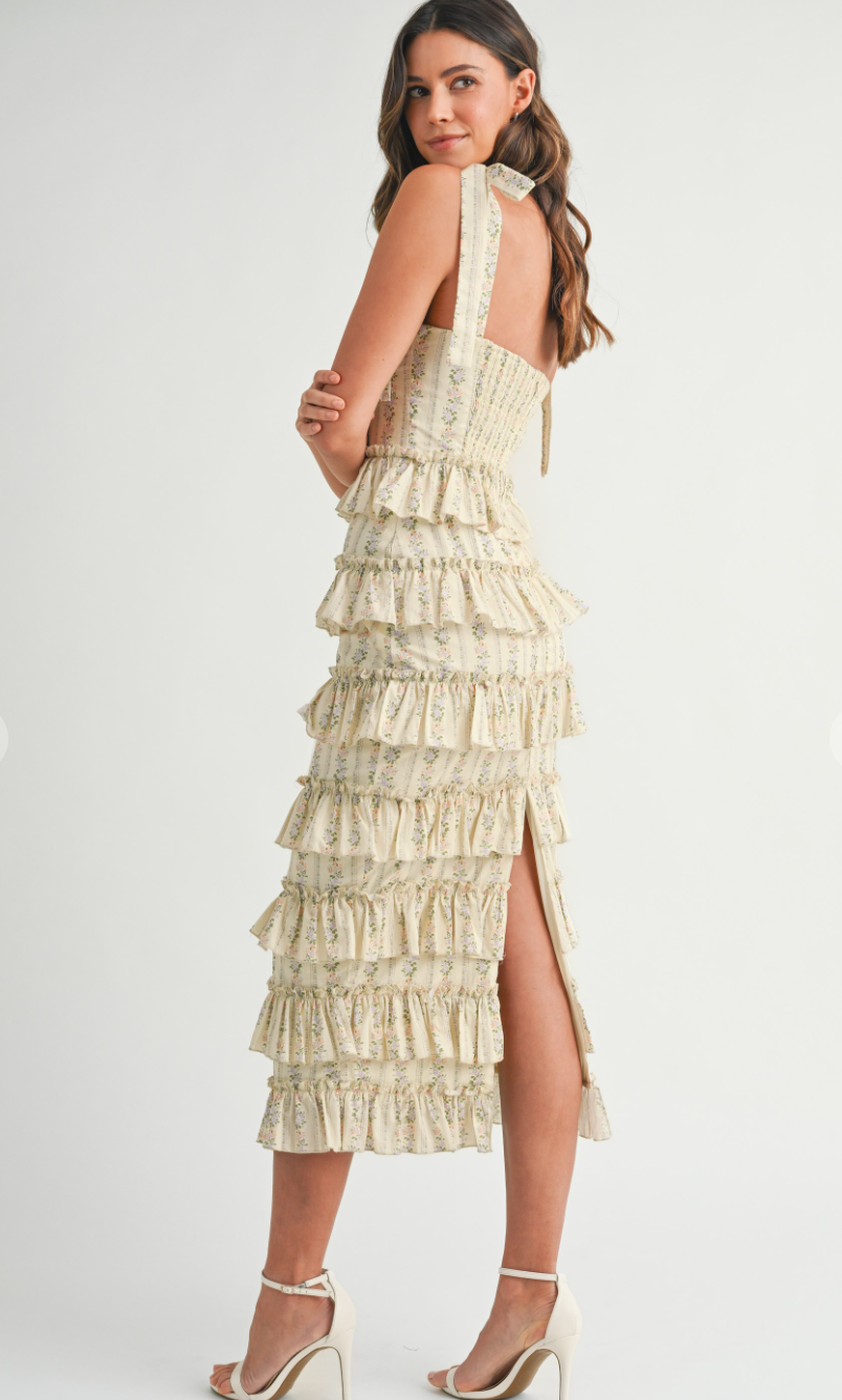 Bella Floral Ruffle Midi Dress Yellow