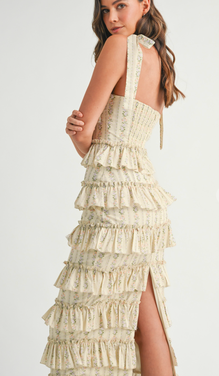 Bella Floral Ruffle Midi Dress Yellow