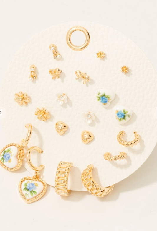Floral Heart Stud Set Blue
