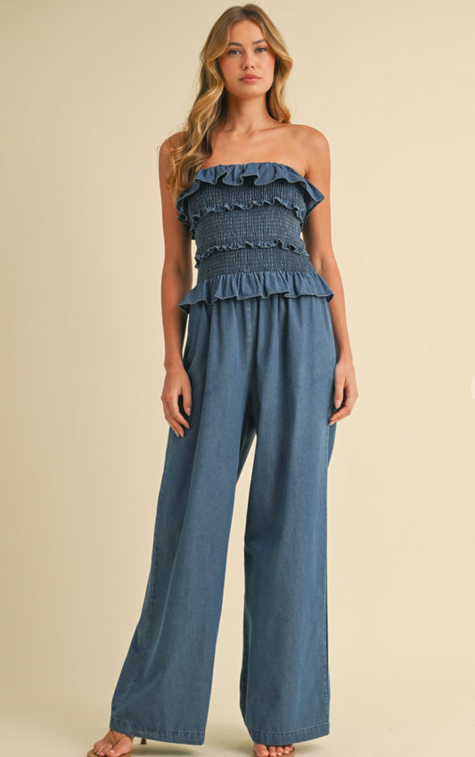 Denim Smocking Jumpsuit