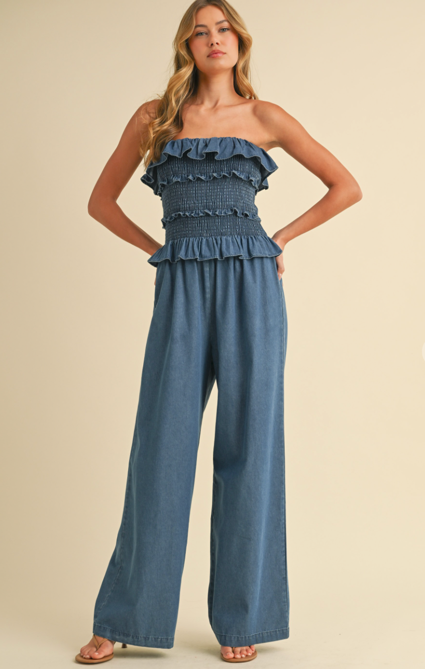 Denim Smocking Jumpsuit
