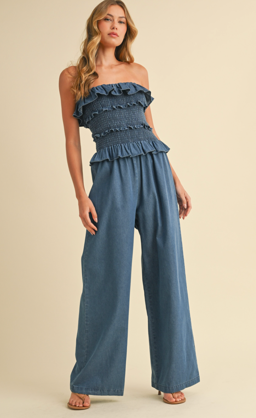 Denim Smocking Jumpsuit