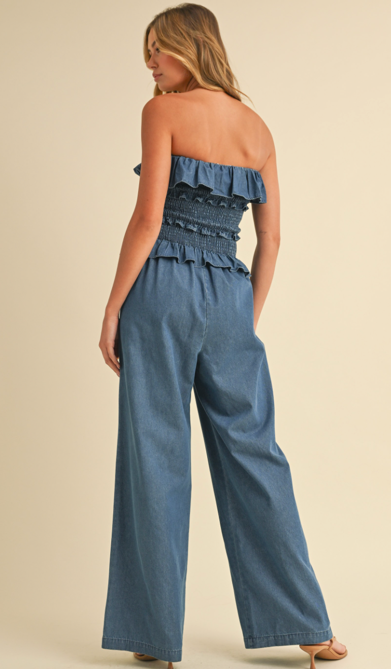 Denim Smocking Jumpsuit