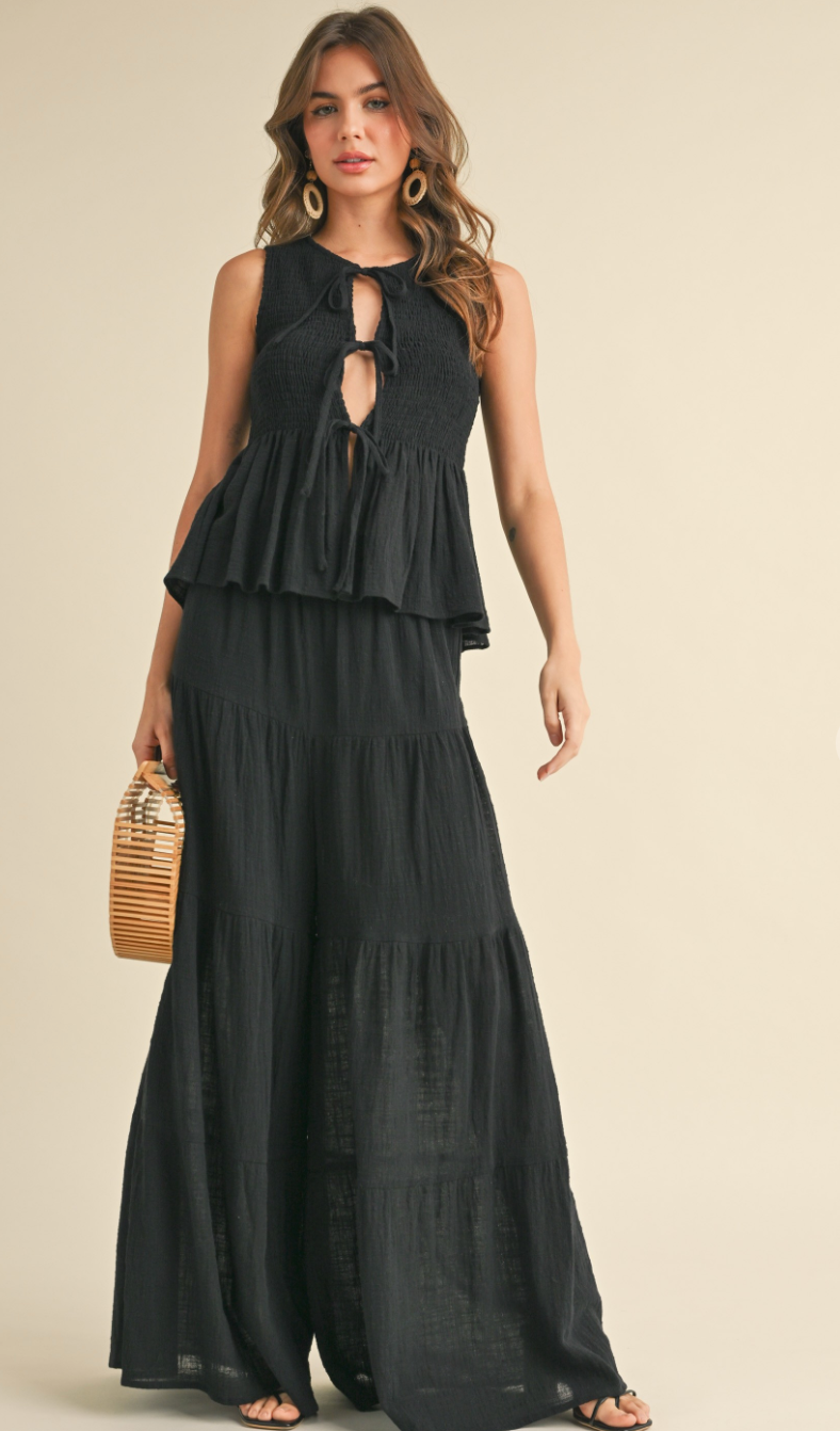 Black Gauze Top & Flare Pants Set of 2