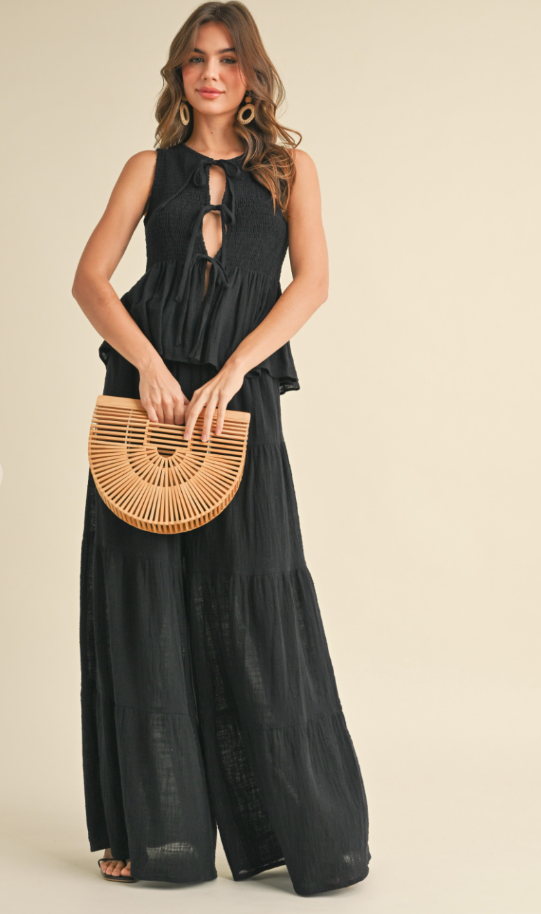 Black Gauze Top & Flare Pants Set of 2